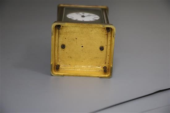 A late 19th century French lacquered brass hour repeating carriage clock, width 3.5in. depth 3.25in. height 5.5in.